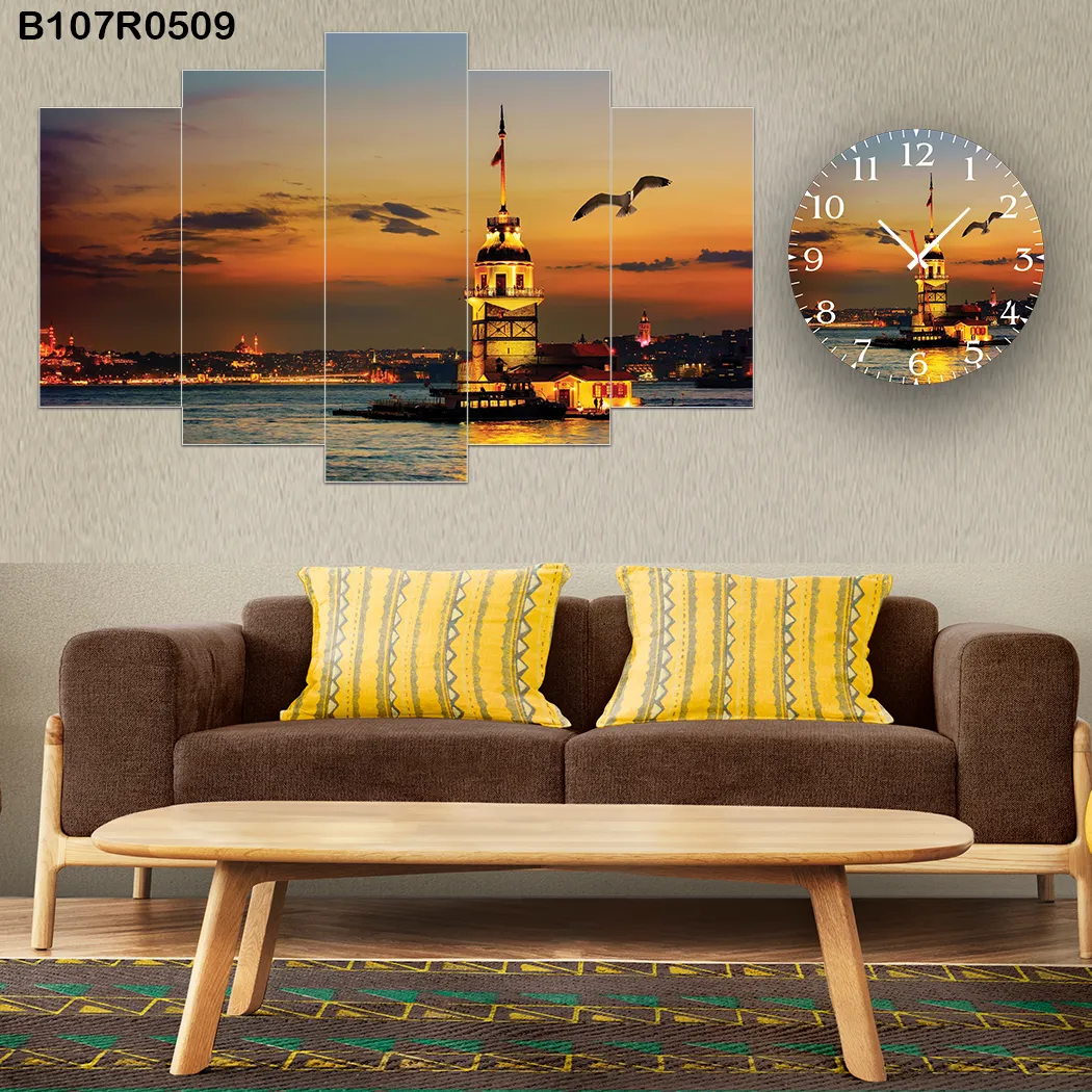 Parçalı Ahşap Duvar Tablo Mdf 5 Parça Set Ve Saatli