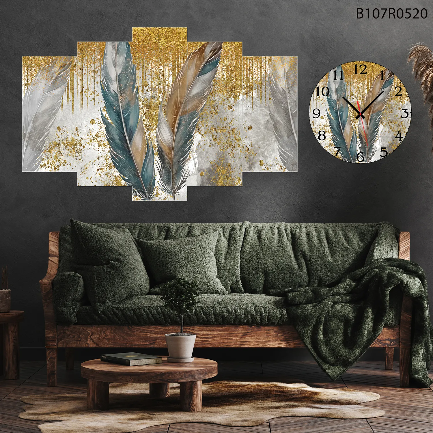 Parçalı Ahşap Duvar Tablo Mdf 5 Parça Set Ve Saatli