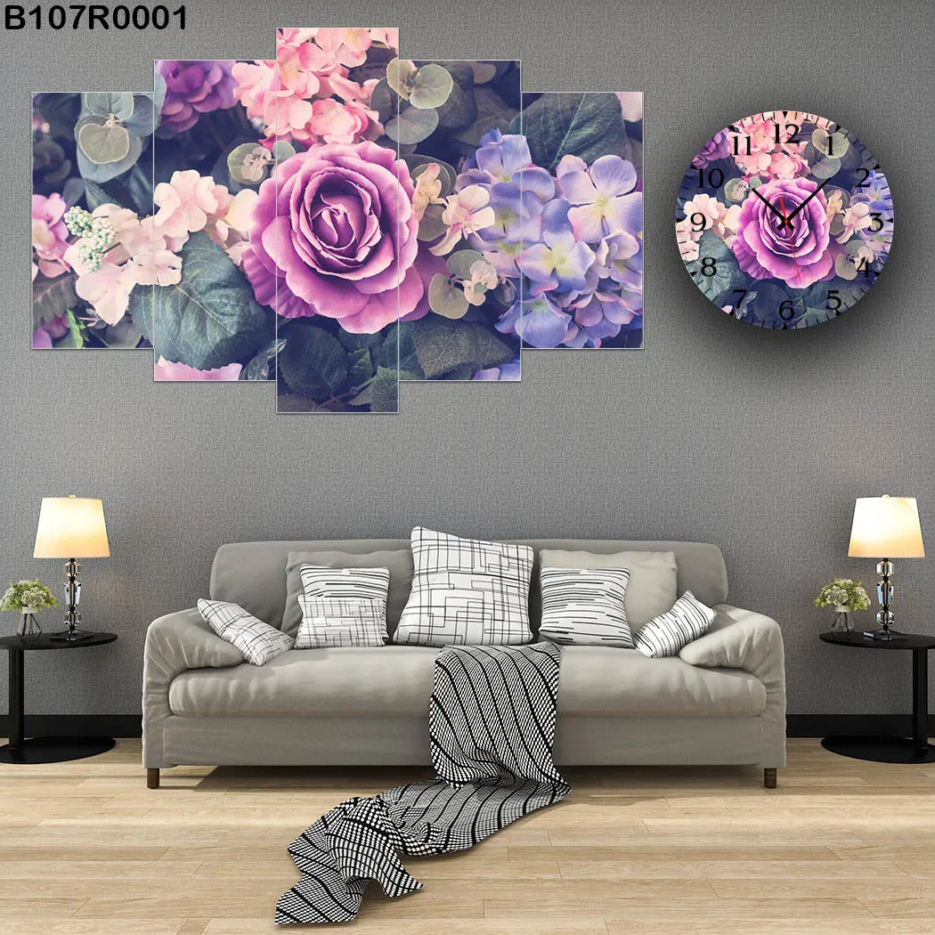 Parçalı Ahşap Duvar Tablo mdf 5 Parça Set Ve Saatli