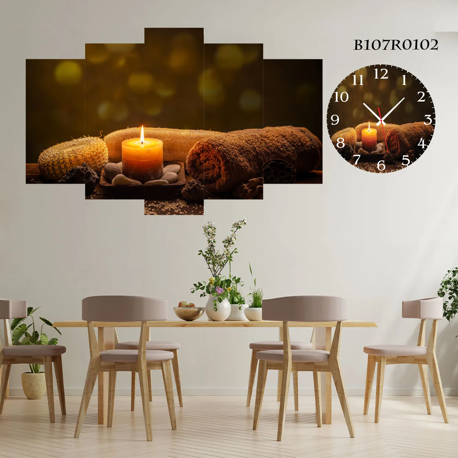 Parçalı Ahşap Duvar Tablo Mdf 5 Parça Set Ve Saatli