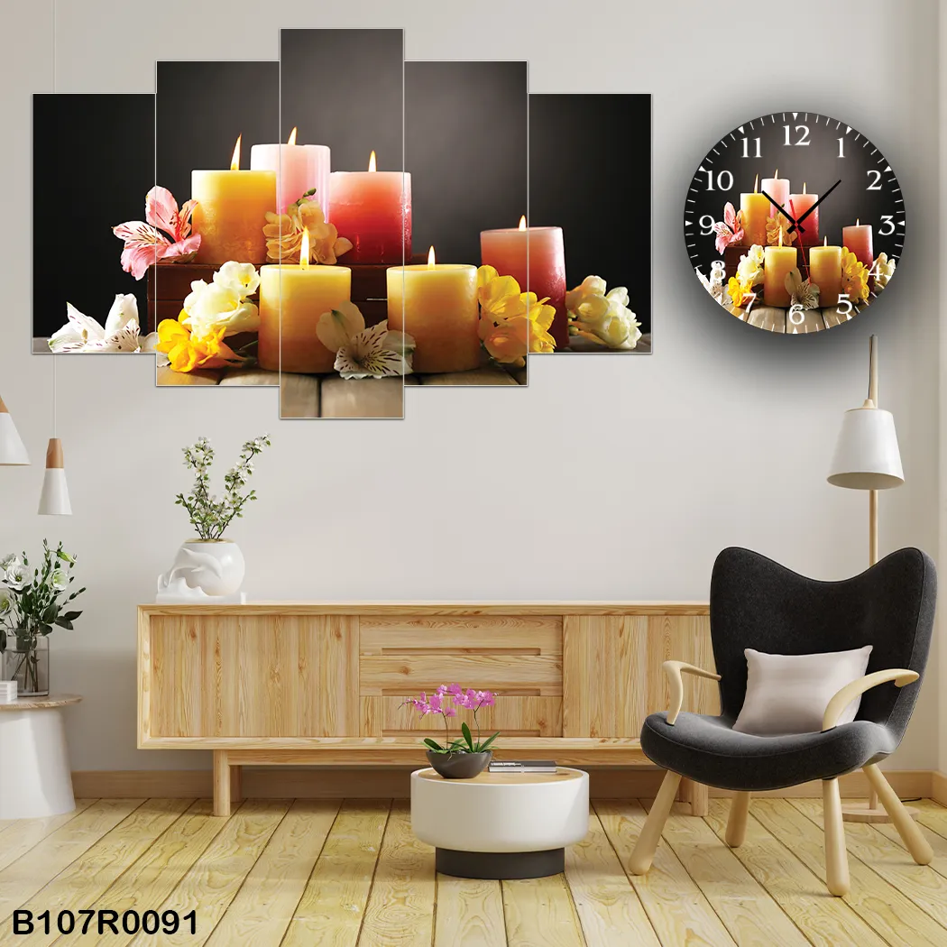 Parçalı Ahşap Duvar Tablo Mdf 5 Parça Set Ve Saatli