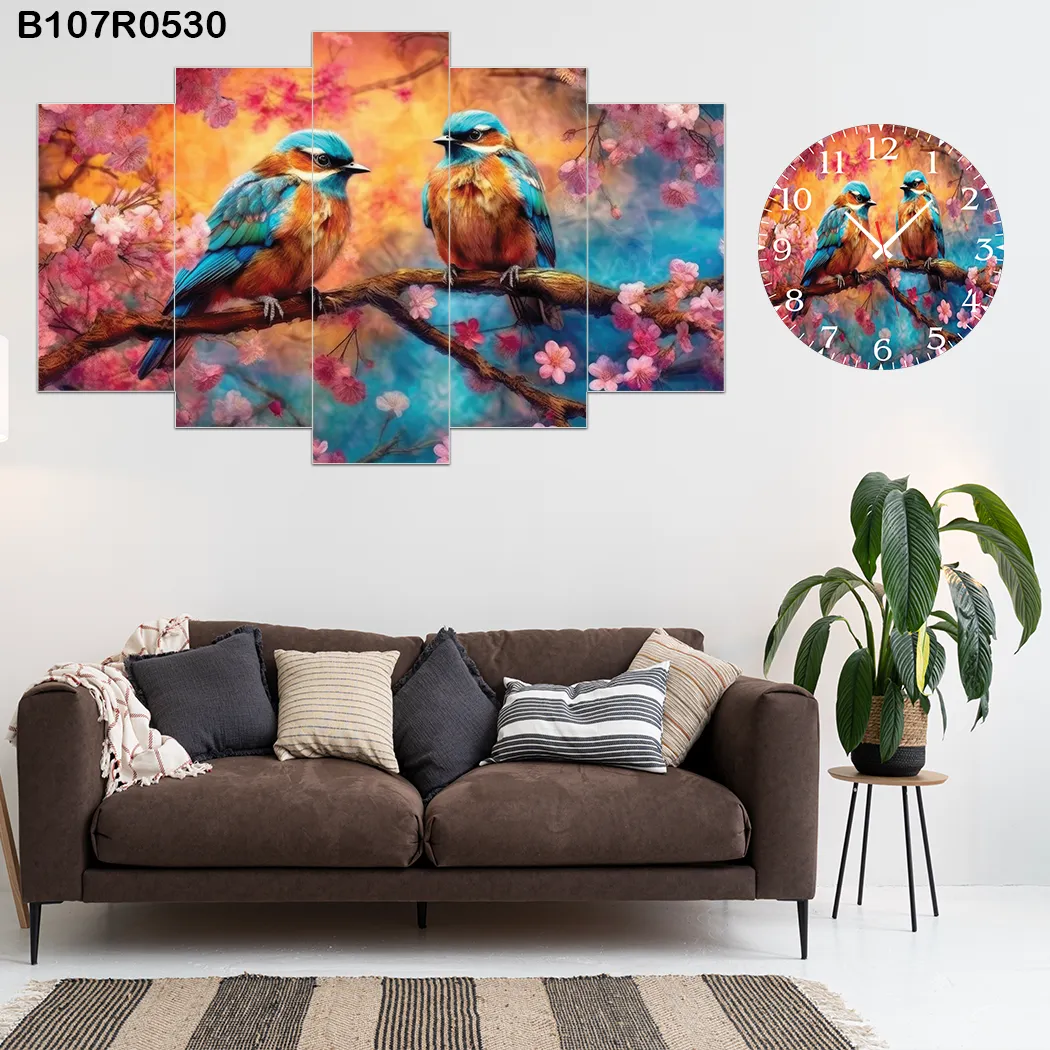 Parçalı Ahşap Duvar Tablo Mdf 5 Parça Set Ve Saatli