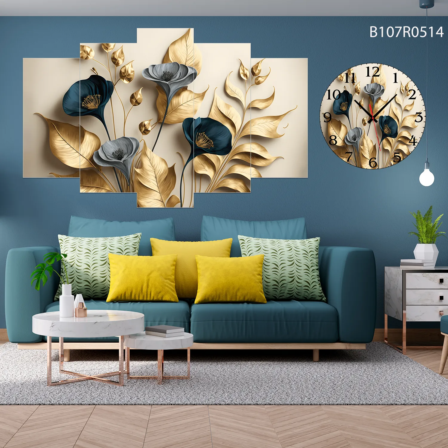 Parçalı Ahşap Duvar Tablo Mdf 5 Parça Set Ve Saatli