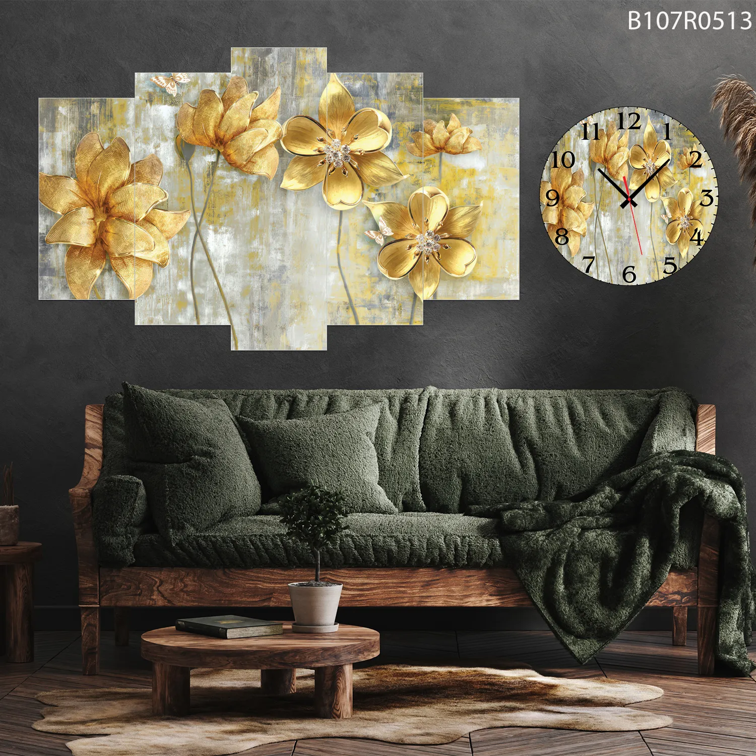 Parçalı Ahşap Duvar Tablo Mdf 5 Parça Set Ve Saatli
