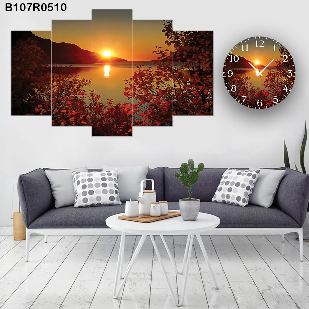 Parçalı Ahşap Duvar Tablo Mdf 5 Parça Set Ve Saatli